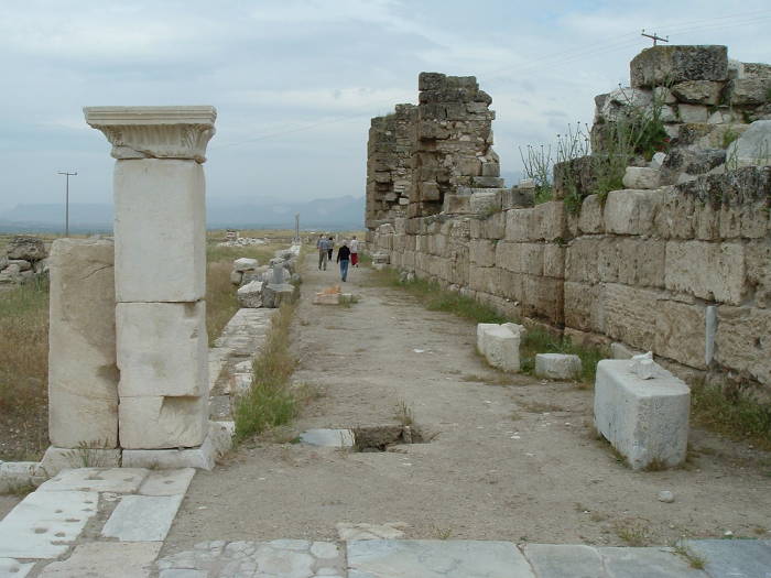 Columns along the covered portico or stoa in the central agora in Laodicea.