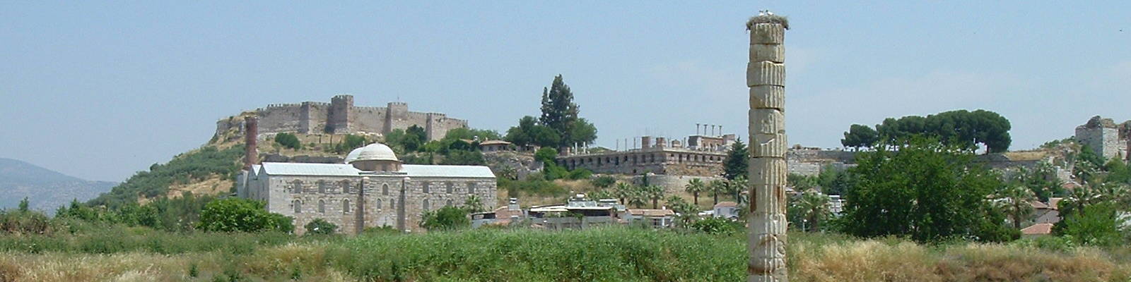 Temple of Artemis, ruins of the Basilica of Saint John, Isa Bey Mosque, and Byzantine fortress.