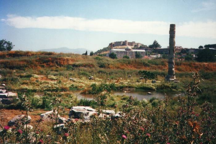 Temple of Artemis, ruins of the Basilica of Saint John, Isa Bey Mosque, and Byzantine fortress.