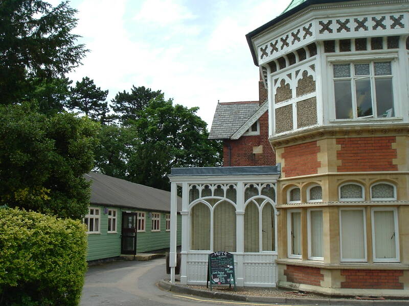 The mansion and Hut 4 at Bletchley Park, the UK code-breaking center in World War II.