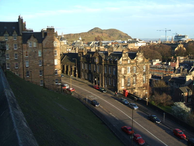 View from Edinburgh Castle over the Castle Rock Hostel to Arthur's Seat.