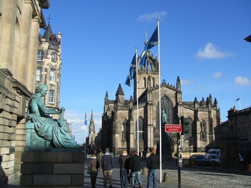 Statue of David Hume on the Royal Mile in Edinburgh, between the Castle and Parliament.