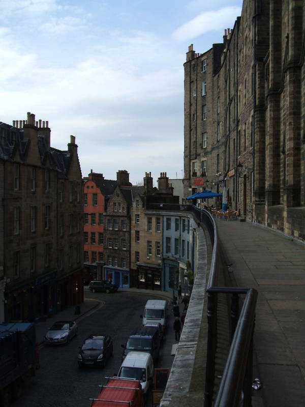 Tall buildings in the steep slope from the Royal Mile to the Greenmarket area in Edinburgh.