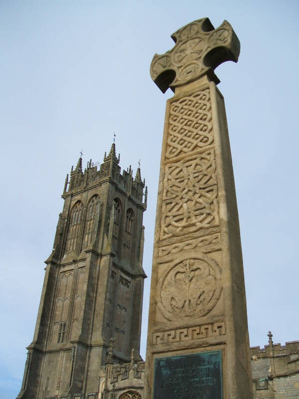 Celtic cross at Saint John's Church along the High Street in Glastonbury.