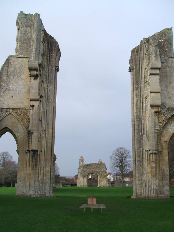 Grave of King Arthur and Guinevere in the nave of Glastonbury Abbey in the mist.