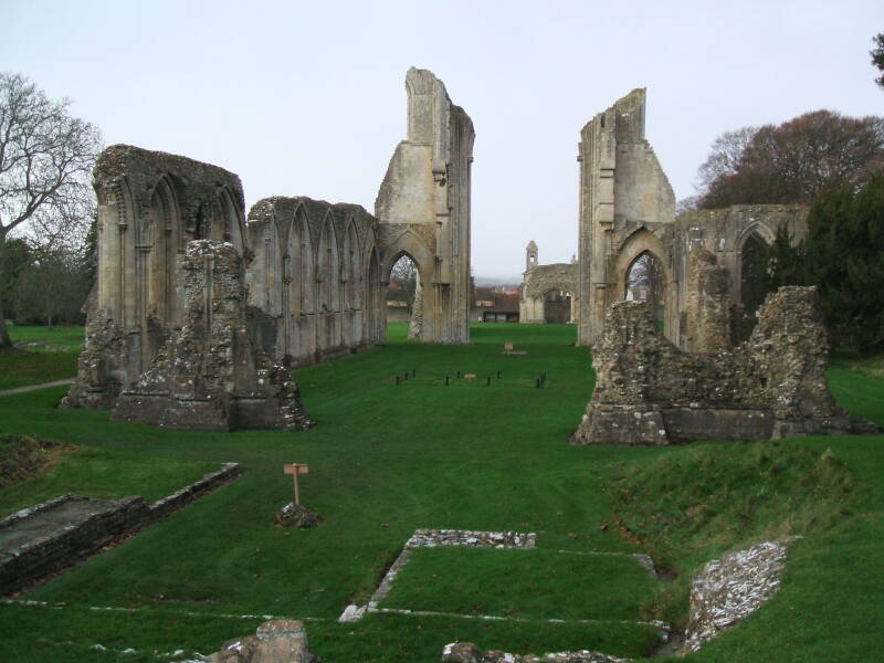 Apse and nave of Glastonbury Abbey in the mist.