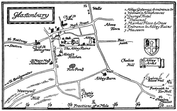 Map of Glastonbury showing the Abbey, Wearyall Hill, the Chalice Well and the Tor.