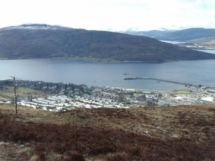 A view from Cow Hill over Fort William, Loch Linnhe, and Loch Eil, in Scotland.
