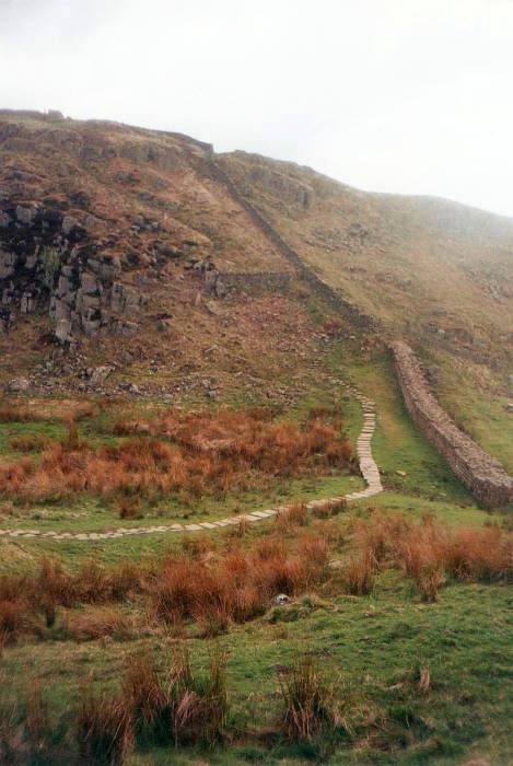 Steep path at milecastle 39 of Hadrian's Wall, Northumberland, England.