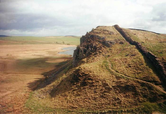Highshield Crags, cliffs and open fields along Hadrian's Wall, Northumberland, England.