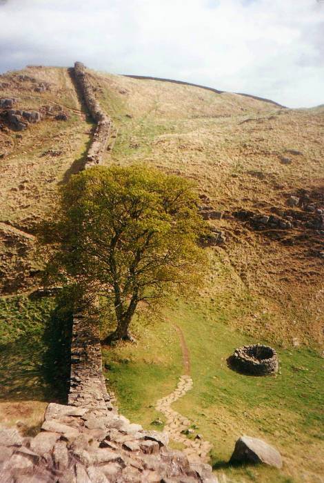 Steep paths near milecastle 38 of Hadrian's Wall, Northumberland, England.
