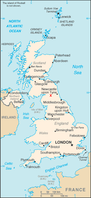 Map of the United Kingdom showing Hadrian's Wall.