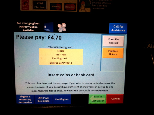 Screen on the ticket machine at the Euston Square Tube station.