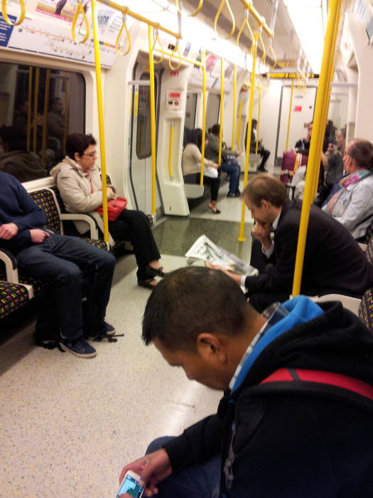 Interior of a London Underground train running from the Euston Square Tube station to Paddington Station.