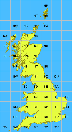 The National Grid system of the UK showing the 100km x 100km grid squares used for initial location.