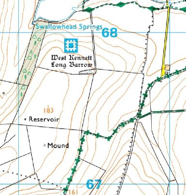A small part of a 1:25,000 map showing the West Kennett Long Barrow mound tomb from 3,500 BC.