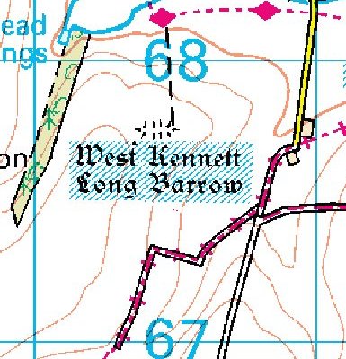A small part of a 1:50,000 map showing the West Kennett Long Barrow mound tomb from 3,500 BC.