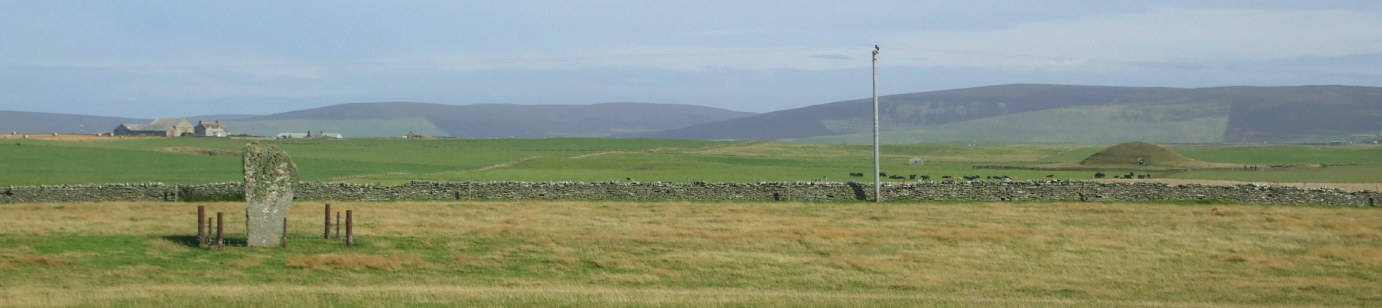 Orkney Islands, north of Scotland:  Barnhouse standing stone and Maeshowe chambered cairn and passage tomb.