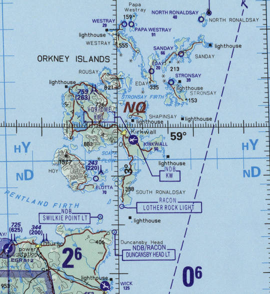 Operational Navigational Chart ONC E-1 cropped to show Orkney off the north coast of Scotland.