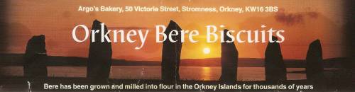 Wrapper of Orkney Bere Biscuits, from Stromness, Orkney Islands.
