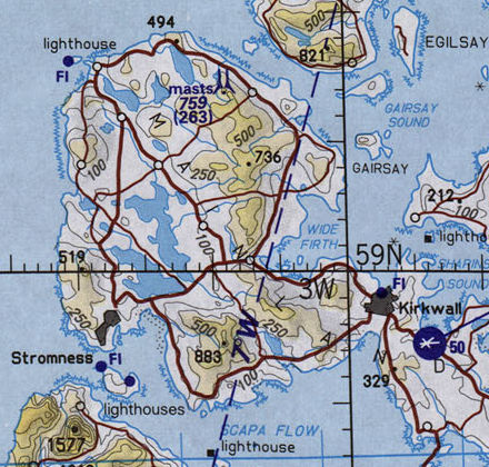 Tactical Pilotage Chart TPC D-1C cropped to show Orkney off the north coast of Scotland.