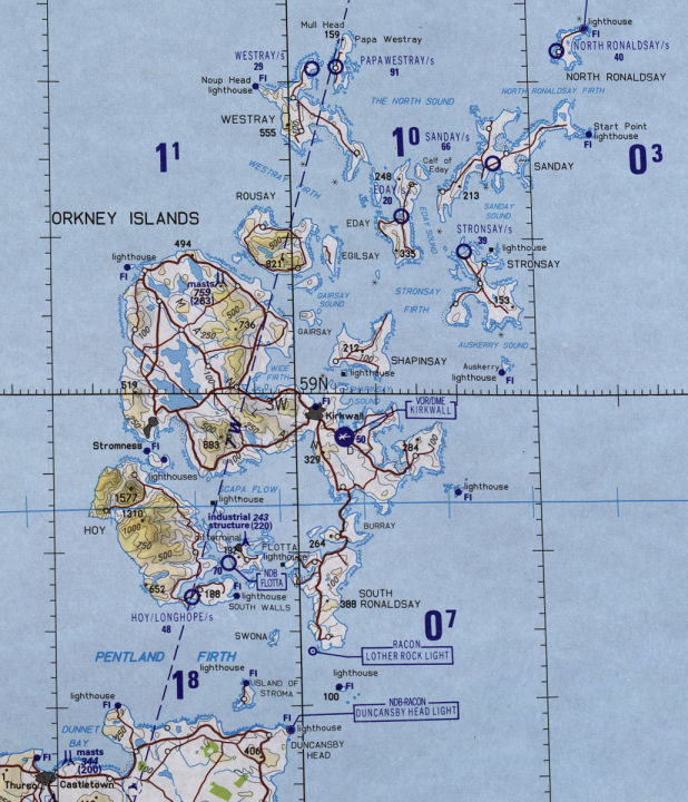 Tactical Pilotage Chart TPC D-1C cropped to show Orkney off the north coast of Scotland.