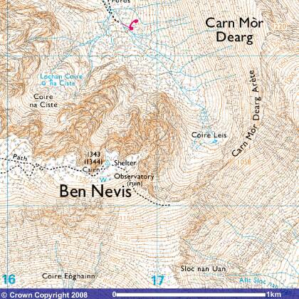 Ordnance Survey map of the peak of Ben Nevis.