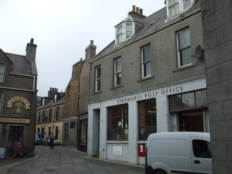 Victoria Street, the main street through Stromness, Orkney, showing Brown's Hostel.