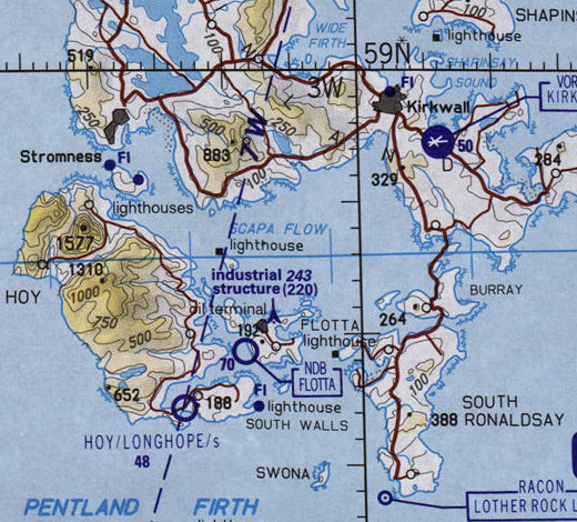 The map shows the Orkney Islands including Scapa Flow and the Flotta island oil terminal.