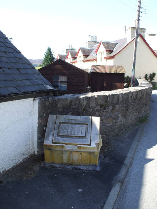 A grit box in the village of Moulin, just outside Pitlochry, Scotland, in the Lower Highlands.
