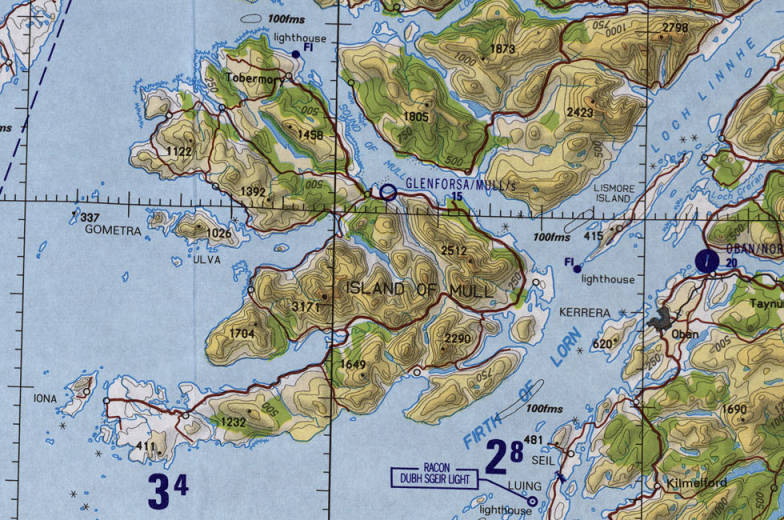 U.S. government chart of the northwest coast of Scotland including the Inner Hebrides, Mull and Iona.