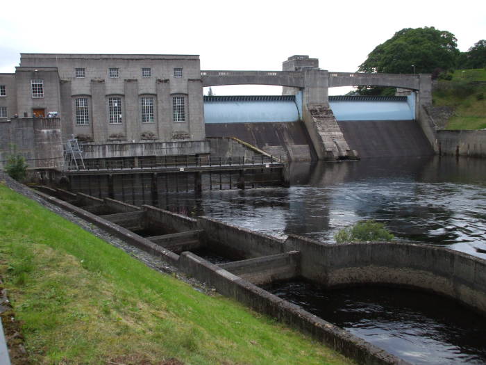 Hydroelectric dam and fish ladder for salmon in Pitlochry, Scotland.
