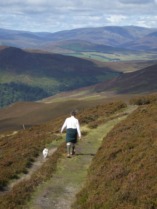 Scotsman in a kilt walking his dog in the Grampian Mountains.