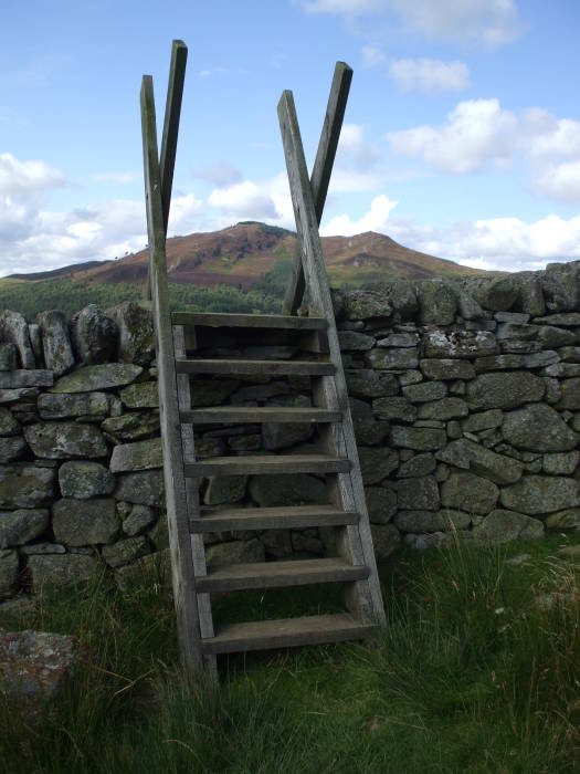 Stile crossing a stone wall in the Grampian Mountains in Scotland.