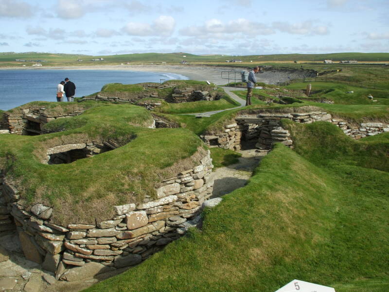 Overview of Skara Brae Neolithic settlement beside the Bay of Skaill in the Orkney Islands