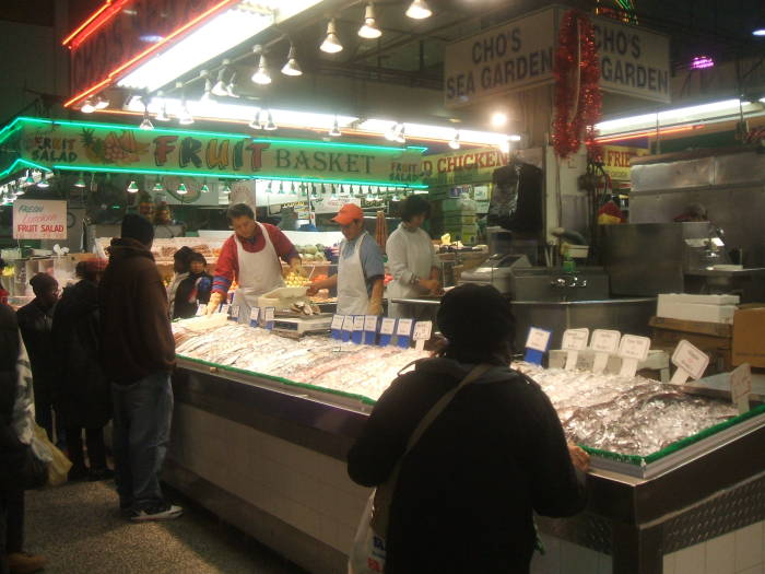 Lexington Market interior scene: fish, crustacea, and other seafood.