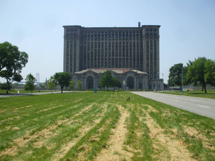 Front view of Detroit's Michigan Central Station.