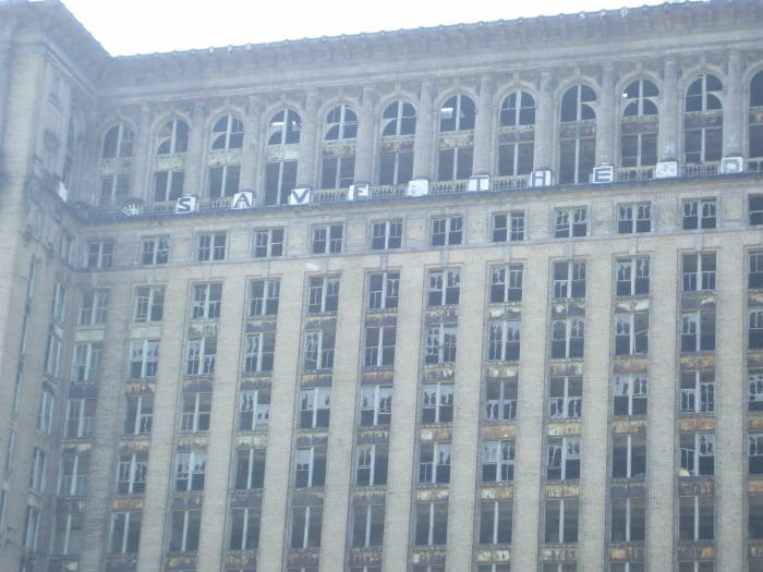 Broken windows on Detroit's Michigan Central Station.