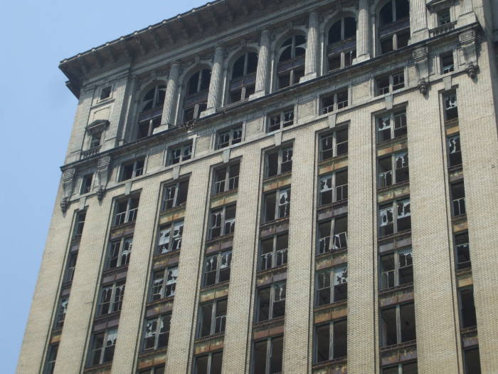 Broken windows on left end of Detroit's Michigan Central Station.