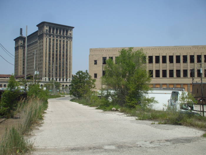Rear of Detroit's Michigan Central Station and adjacent abandoned warehouse.