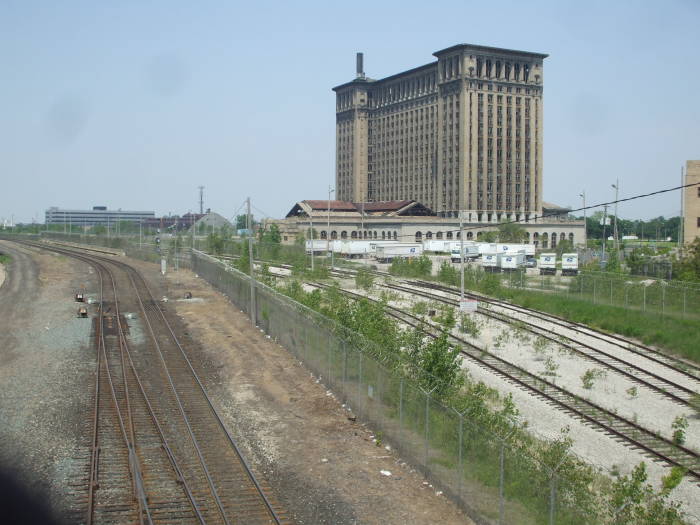 Rear of Detroit's Michigan Central Station and rail lines.