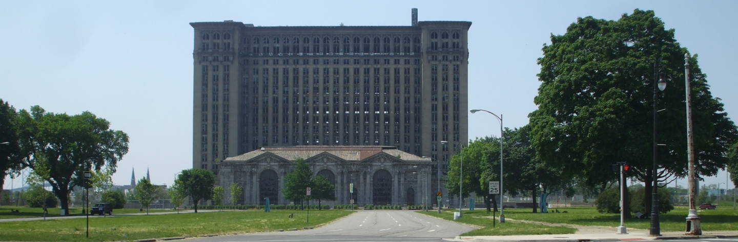 Michigan Central Station, a gigantic ruined abandoned train station in Detroit, Michigan.
