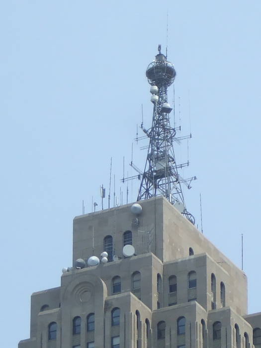 Radio antennas at peak of Penobscot Building in downtown Detroit.