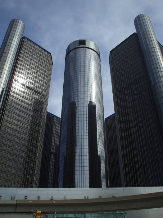Glass towers of the Detroit Renaissance Center.
