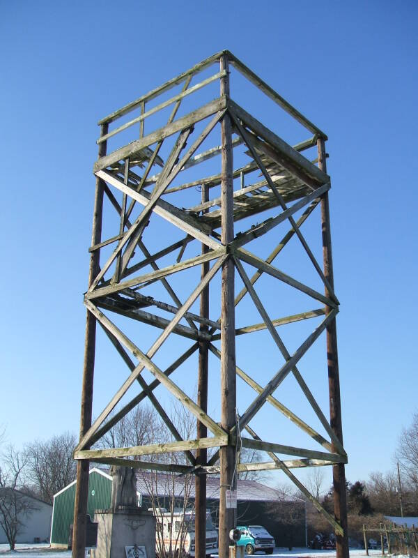 Cairo Cold War watchtower built from telephone poles in northern Tippecanoe County, Indiana.