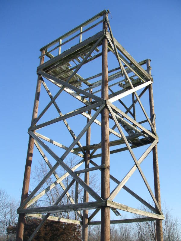 Cairo Cold War watchtower built from telephone poles in northern Tippecanoe County, Indiana.