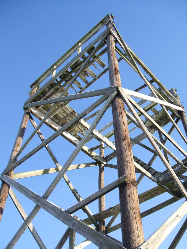 Cairo Cold War watchtower built from telephone poles in northern Tippecanoe County, Indiana.