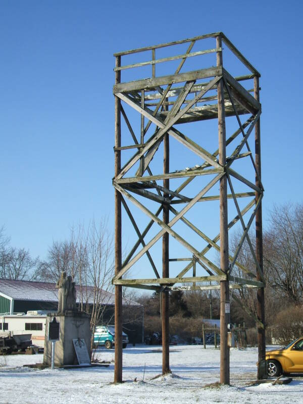 Cairo Cold War watchtower built from telephone poles in northern Tippecanoe County, Indiana.
