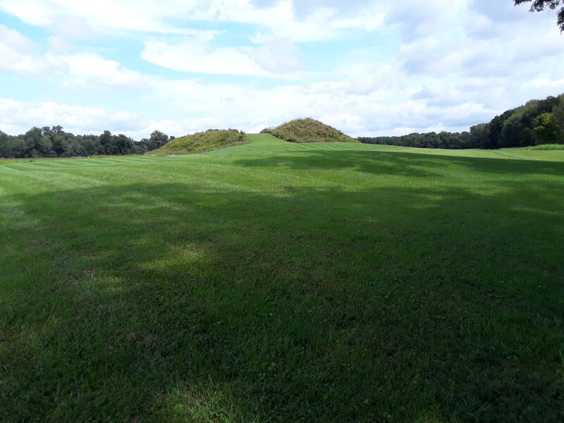 ALT: Mound A, the largest mound at the Angel Mounds site near Evansville, Indiana, viewed from the southwest.