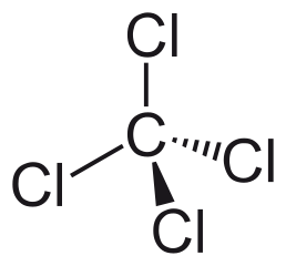 Carbon tetrachloride, from https://en.wikipedia.org/wiki/Carbon_tetrachloride#/media/File:Tetrachlormethan.svg